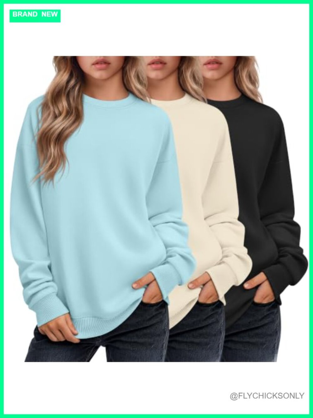 Girls Long Sleeve Sweatshirts 3 Pack Crew Neck Pullover
